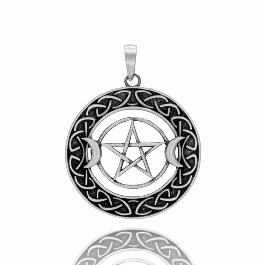 Nirvana Wicca Pendant - Pentacle in Celtic Weave with Crescent Moon: Pewter