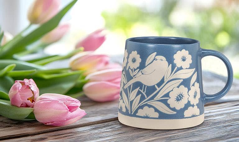 Wide Base Mug with Leaves & Birds-Blue-3.5"H(14oz)