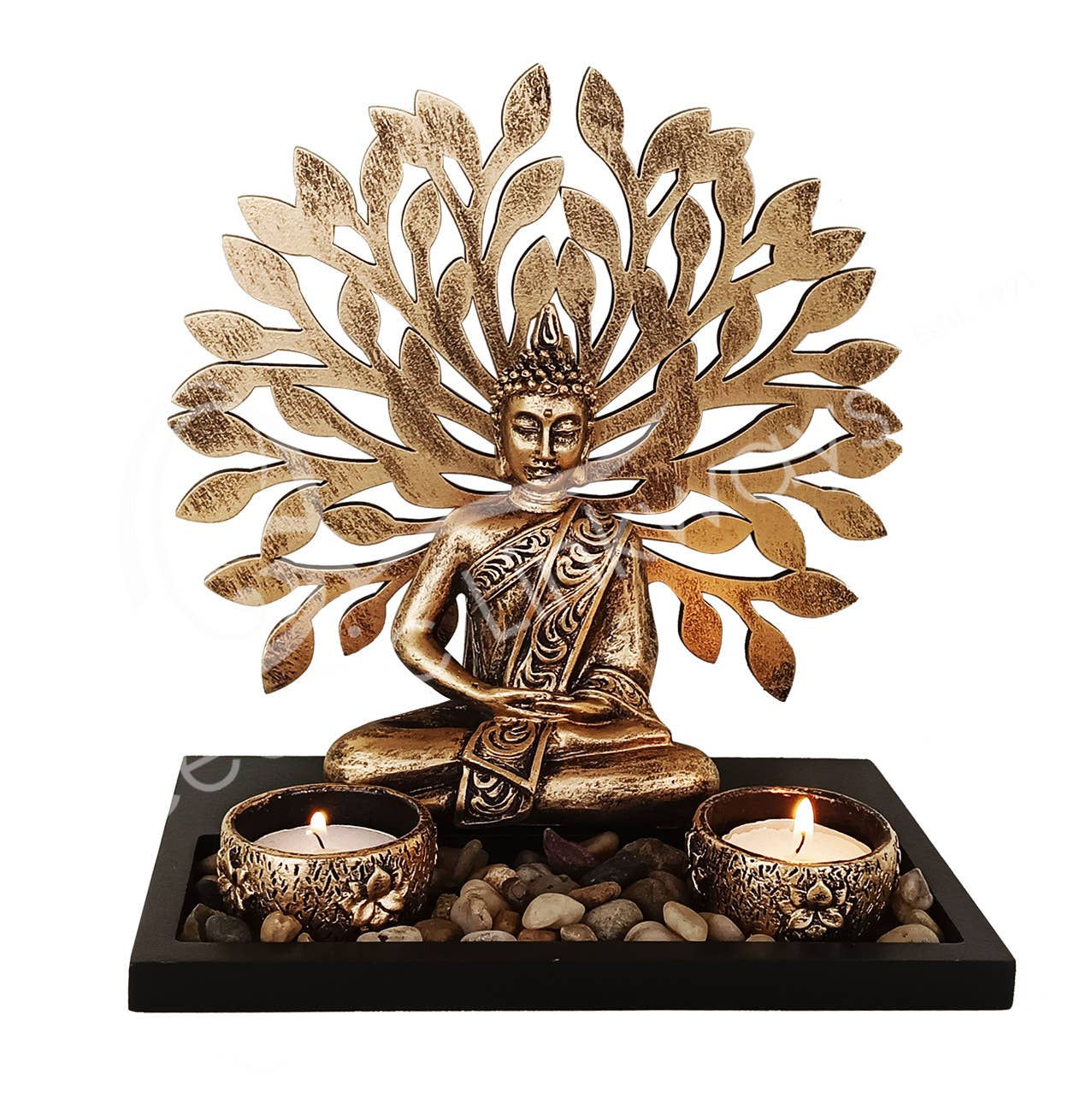 TEALIGHT HOLDER - BUDDHA WITH TREE OF LIFE 7.85"W X 5.90"D X