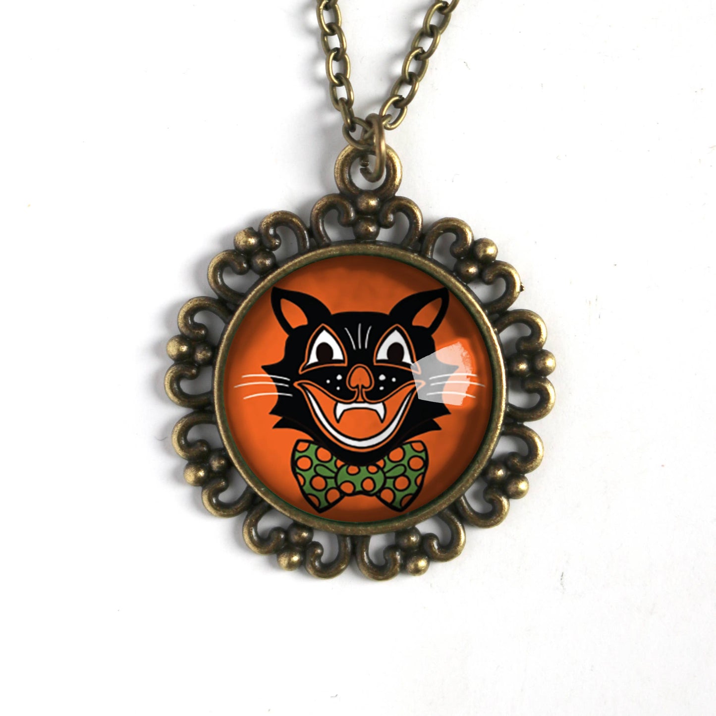 Necklace - Retro Black Cat Ornate: 16mm Double Sided Pendant with Bead