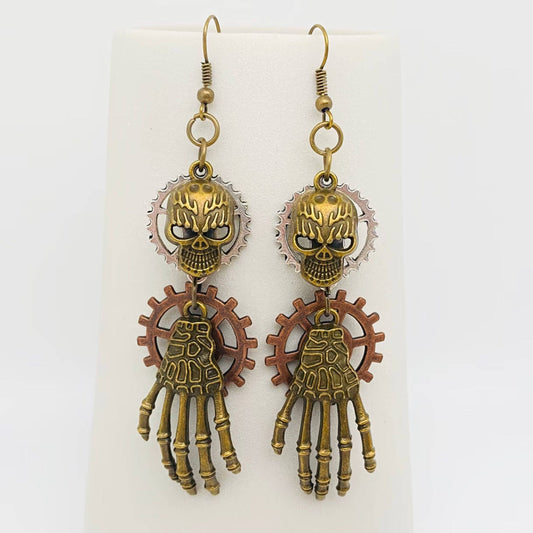 Earrings - Steampunk Style Gear Skeleton Head and Hand Charm