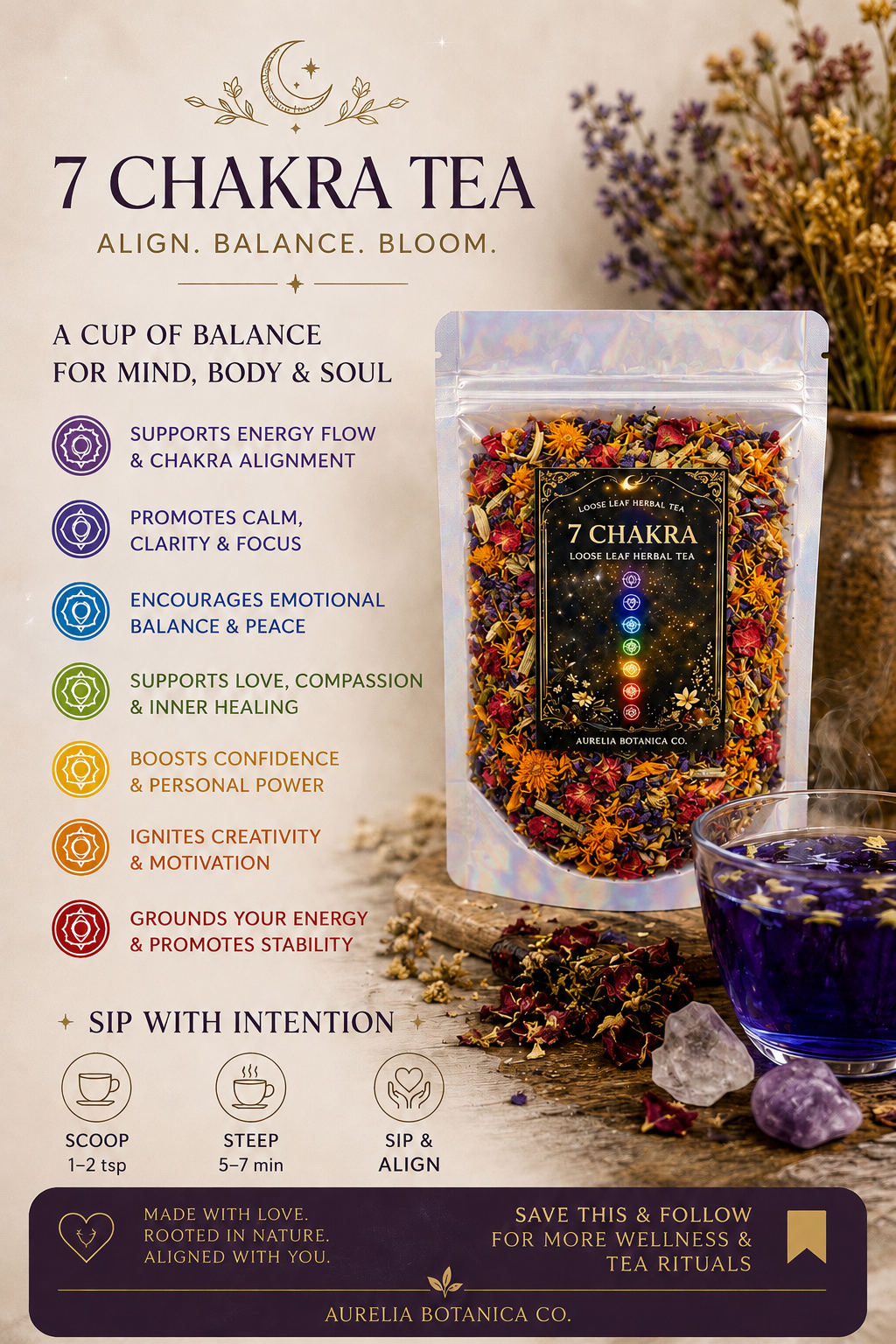 Chakra Balancing Loose Leaf Herbal Tea for Ritual & Meditation | Spiritual Tea Blend for Mindfulness, Energy Cleansing Intentional Living: Sample Pouch