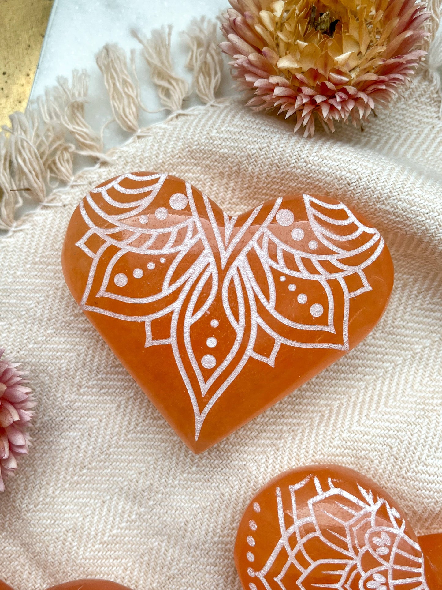 Peach Selenite - Engraved Heart Small (~2") / Om Mandala