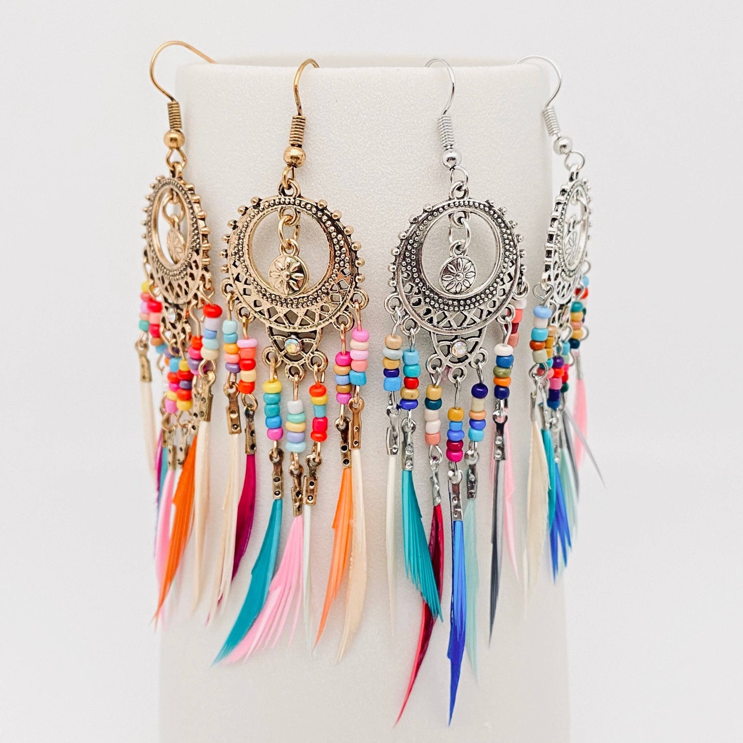 Round Hollow-out Bohemian Colorful Feather Tassels Earrings: Ancient silver