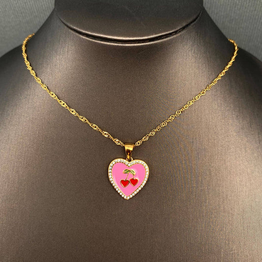 Necklace - Cherry Heart - CZ Inlaid Enamel