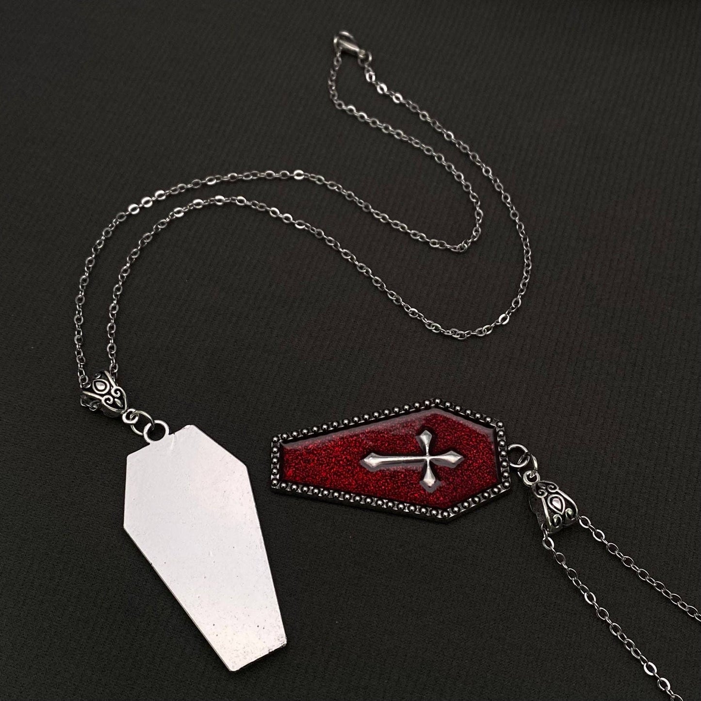 Gothic Enamel Cross Coffin Charm Necklace - GT: Black