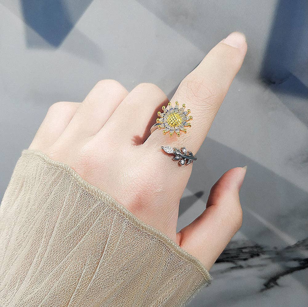 Sunflower Vine Anxiety Fidget Spinner Ring in Solid Copper: Yellow