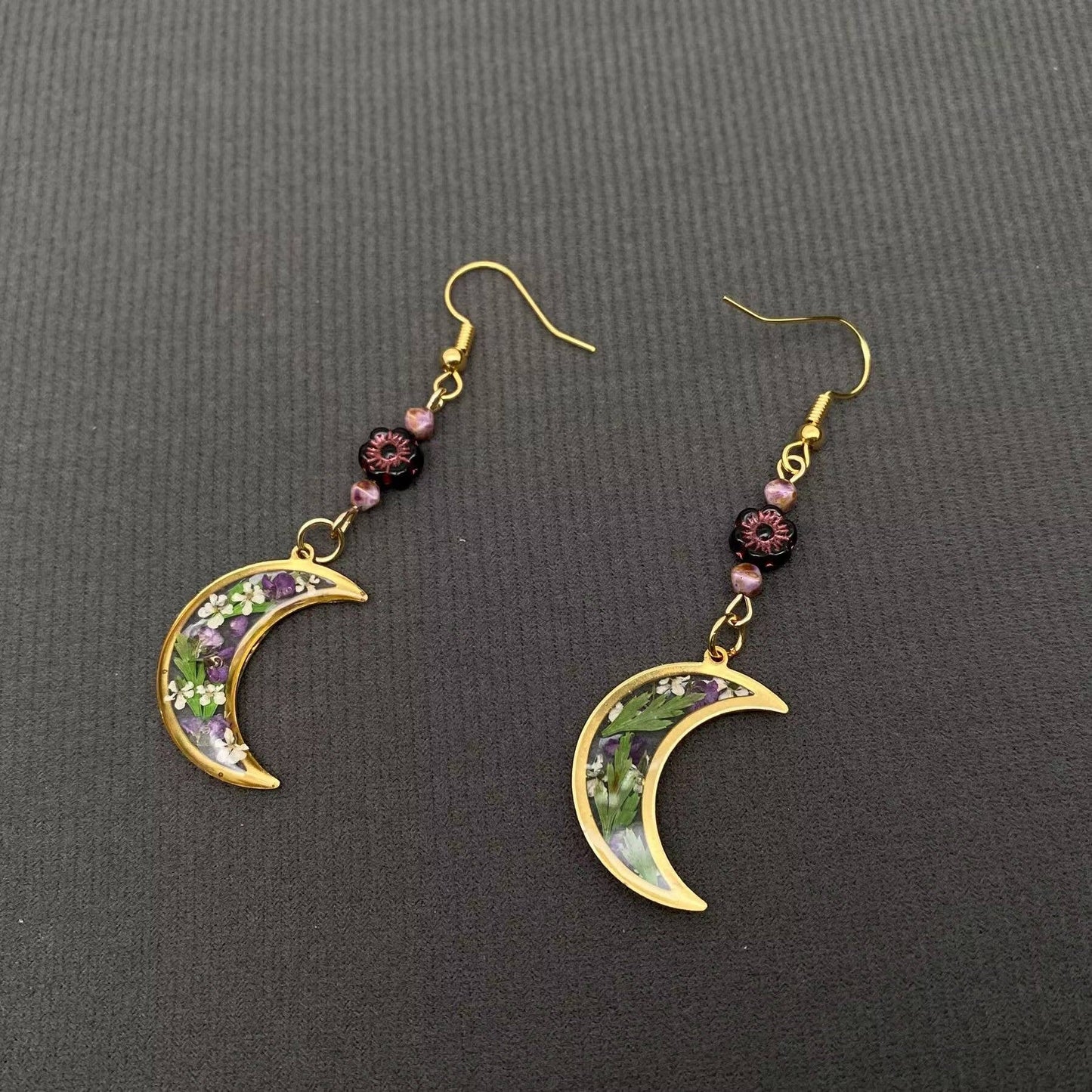 Earrings - Dried Flower Moon Dangle