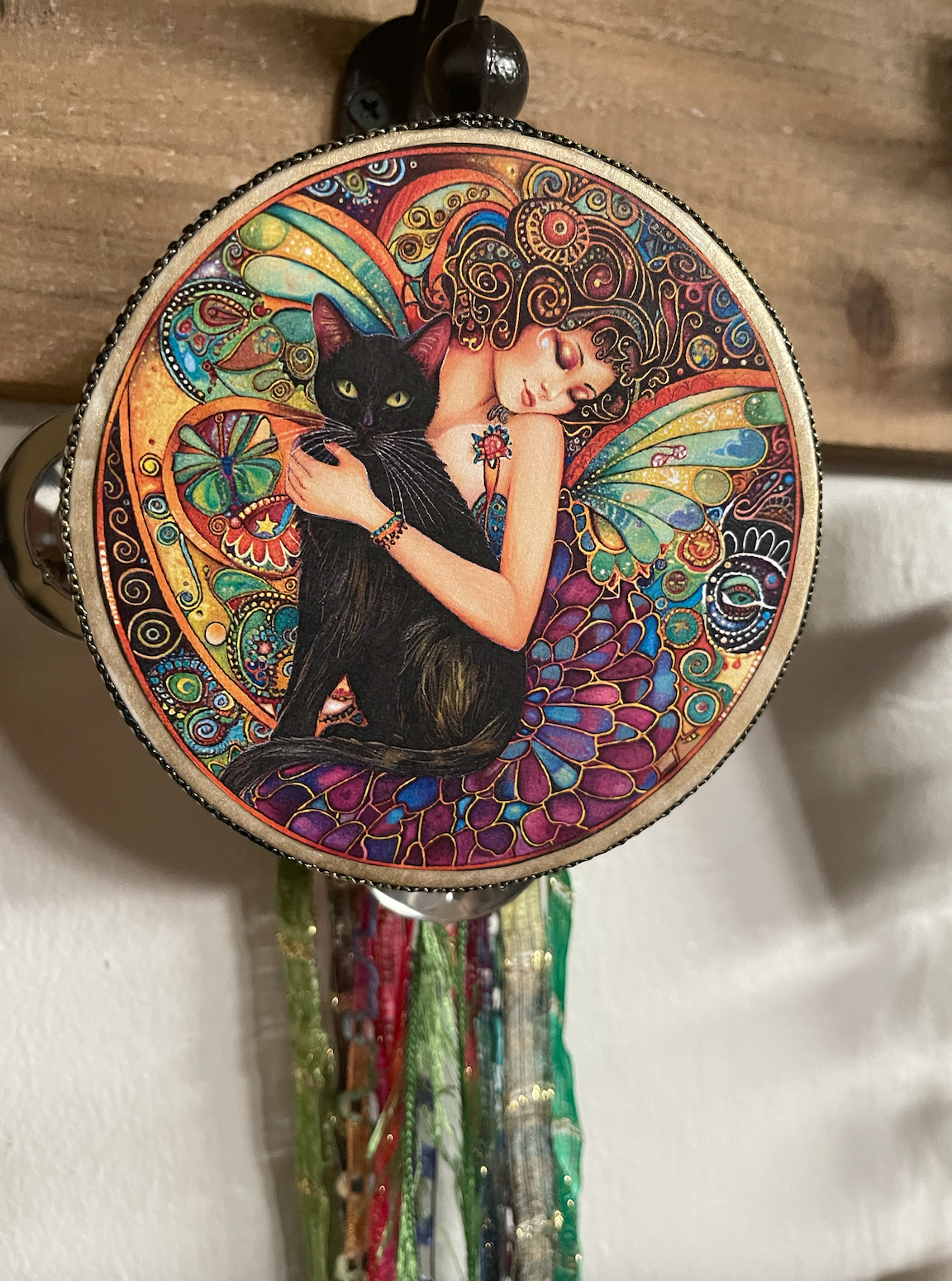 Fairy Art, Fairy Tambourine and Ribbon Wall Accent, Fantasy Art, Black Cat