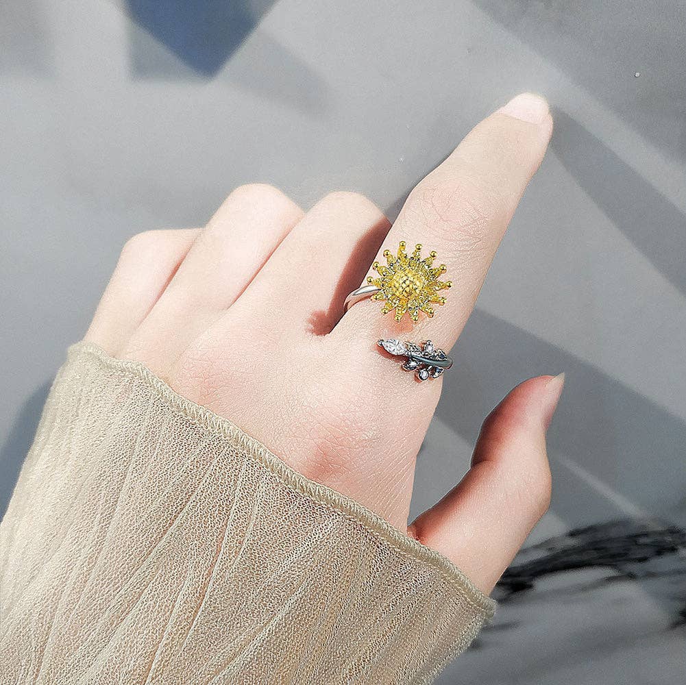 Sunflower Vine Anxiety Fidget Spinner Ring in Solid Copper: Yellow