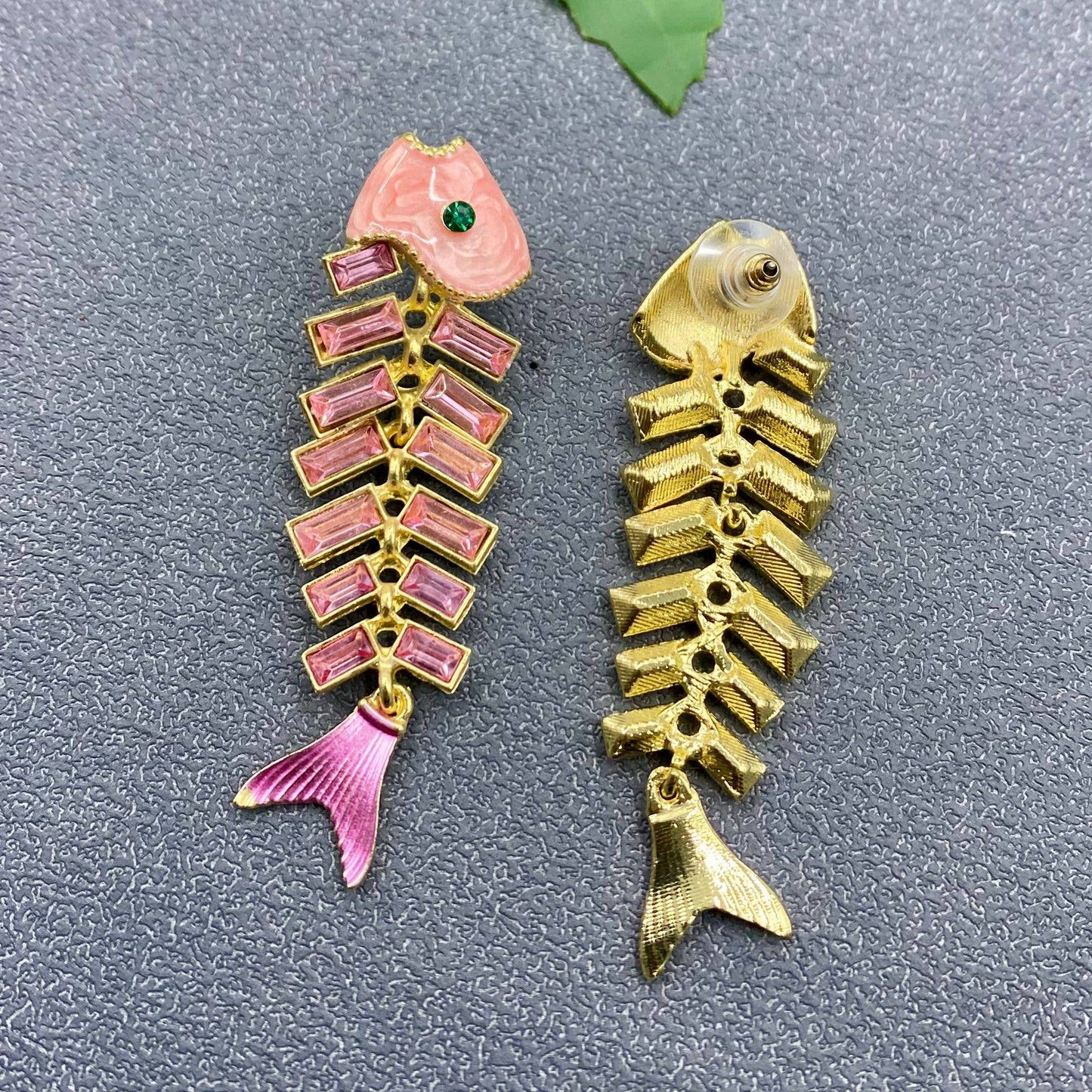 Pink Rhinestone Enamel Fishbone Post Earrings