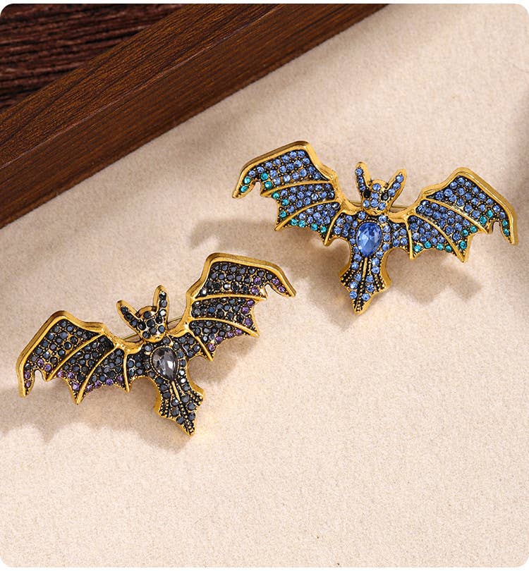 Vintage Rhinestone Devil Bat Brooch: Green