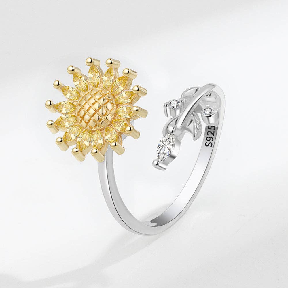Sunflower Vine Anxiety Fidget Spinner Ring in Solid Copper: Yellow