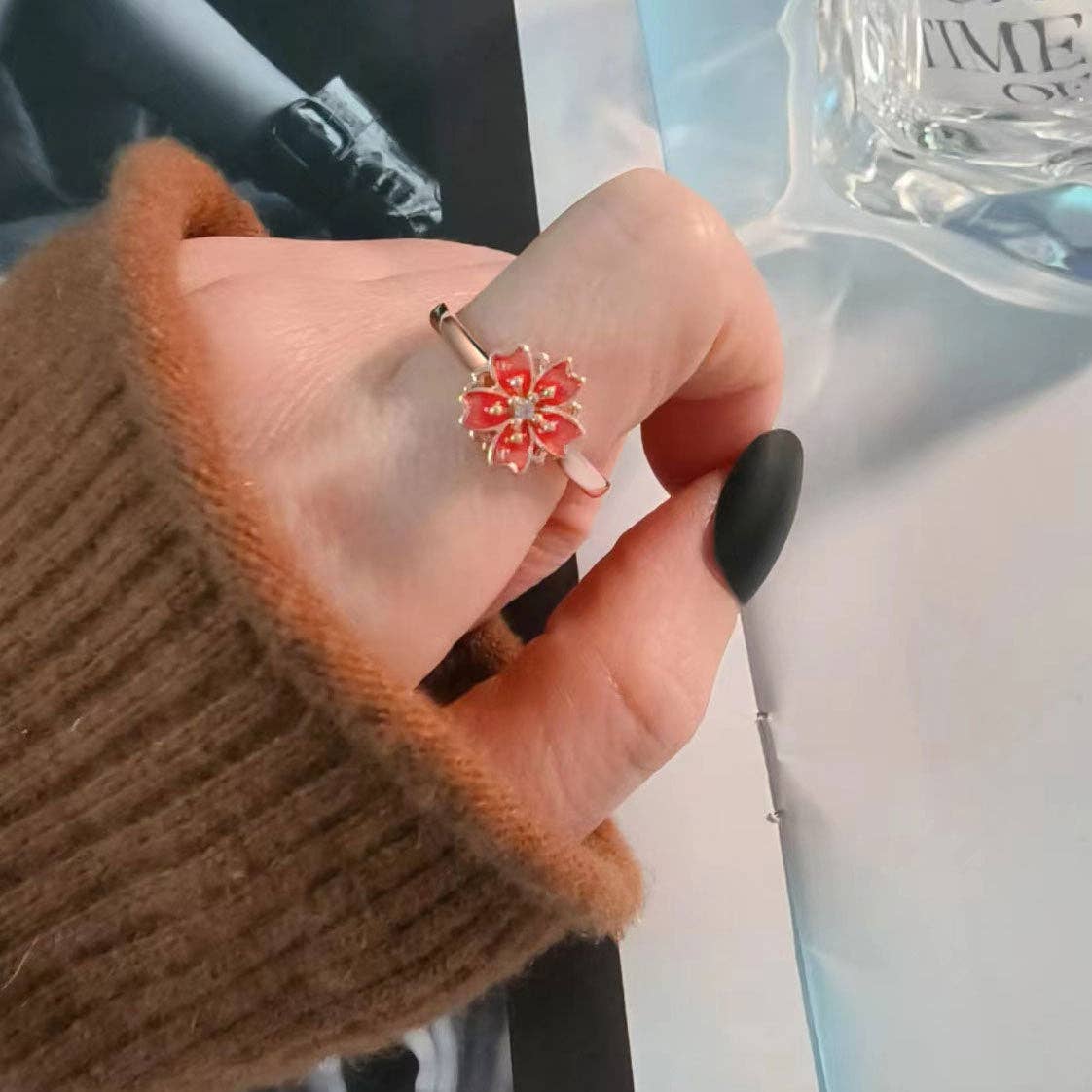 Peach Blossom Fidget Spinner Ring in 925 Sterling Silver: Solid Copper