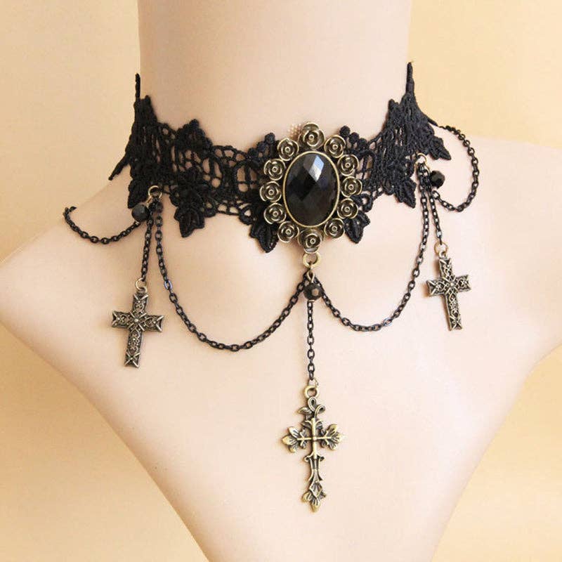 Delicate Chain Cross Gothic Laced Choker: Black