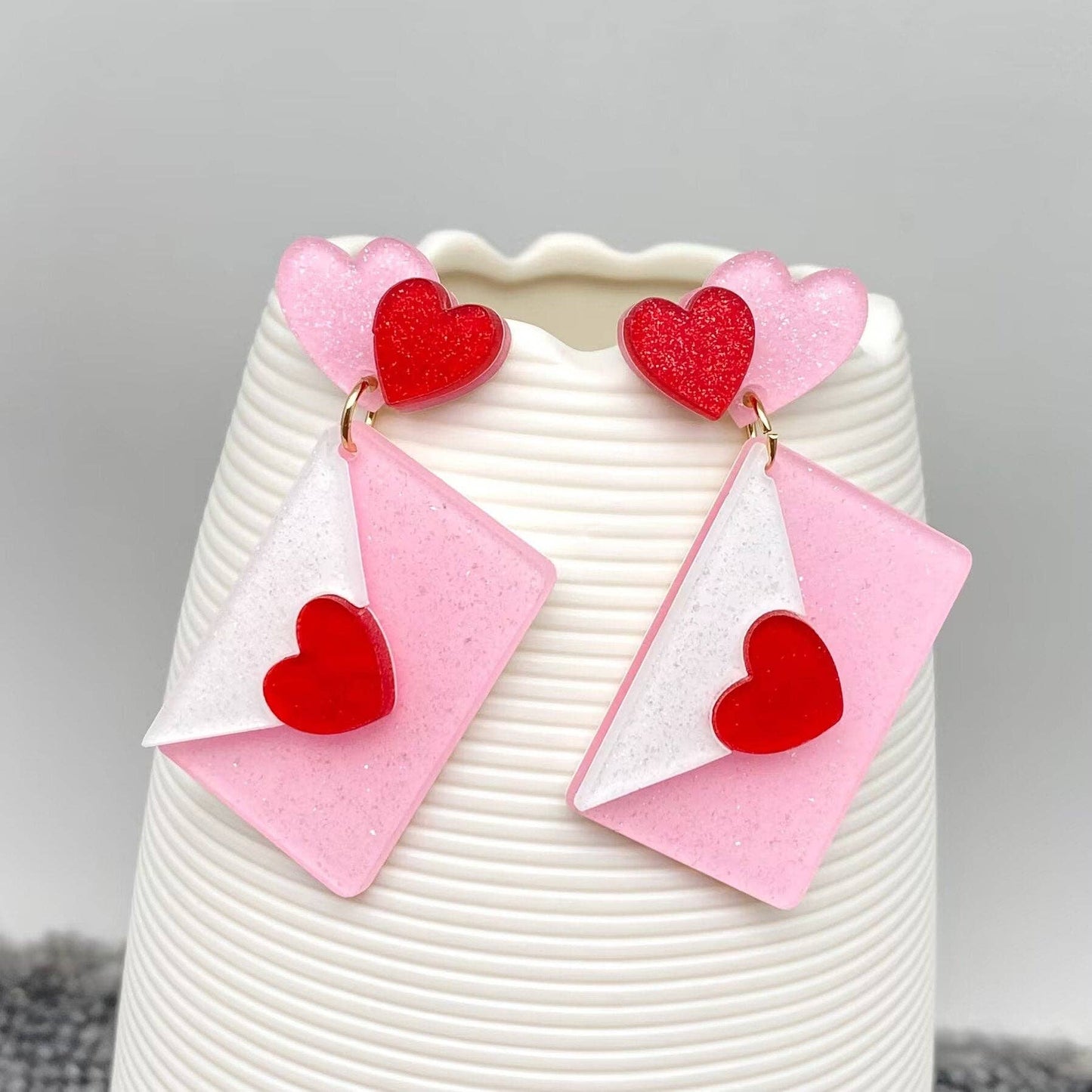 Earrings - Acrylic Pink Heart Envelope - Valentine's Day