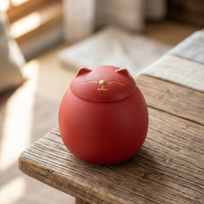 Ceramic Lucky Cat Tea Canister - Red