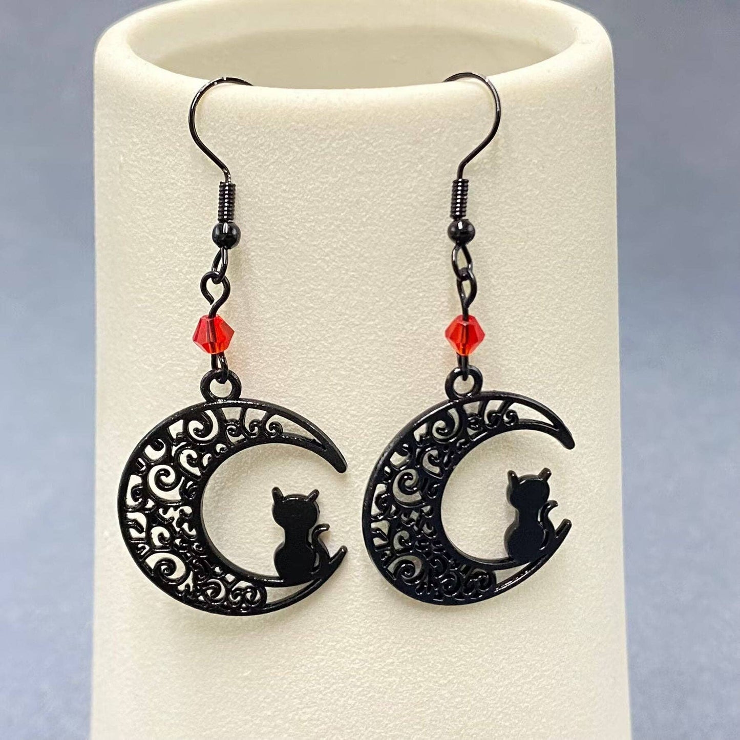 Earrings - Goth Black Cat on the Moon Dangle
