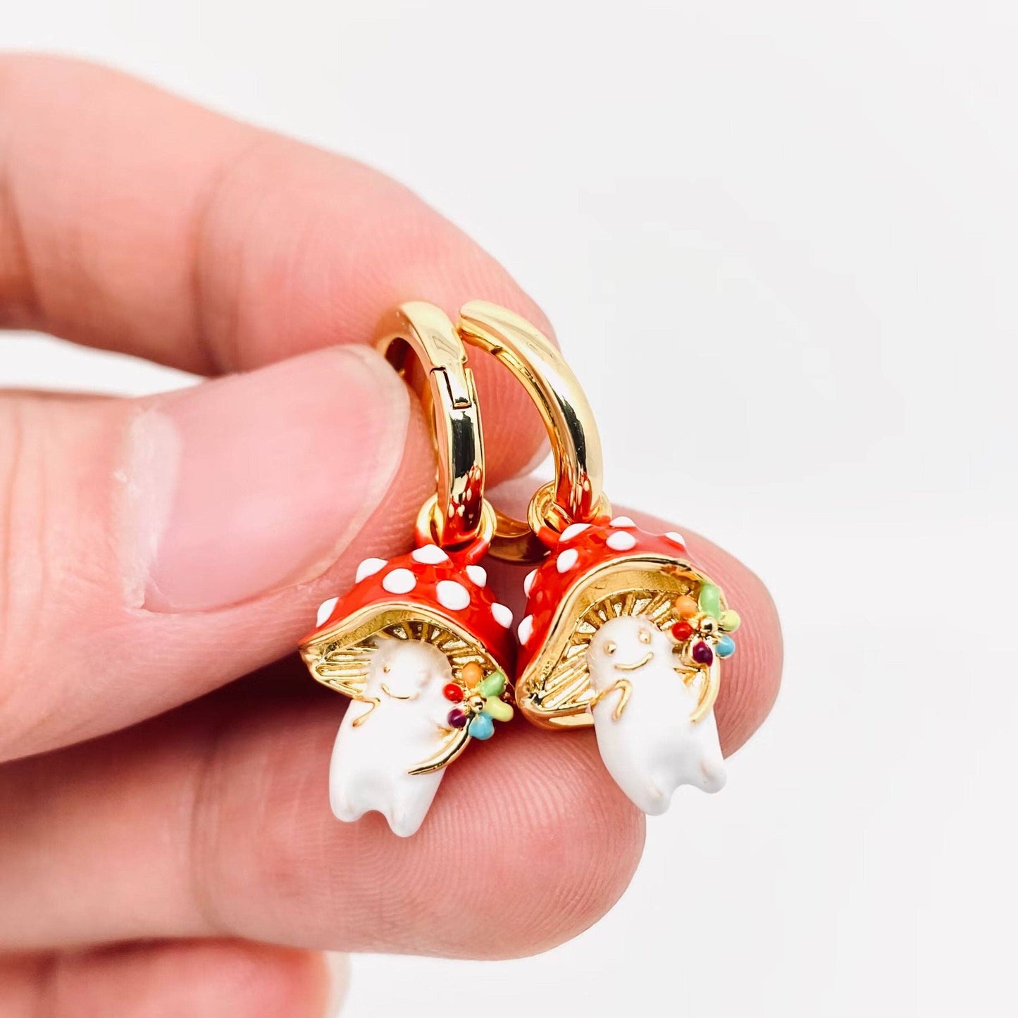 Earrings - 3D Enamel Cute Mushroom Huggie Hoop