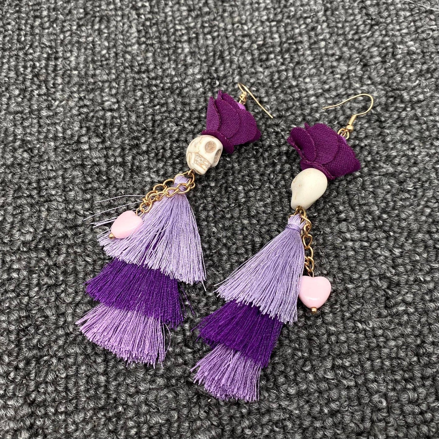 Halloween Purple Fringed Skeleton Lady Dangle Earrings