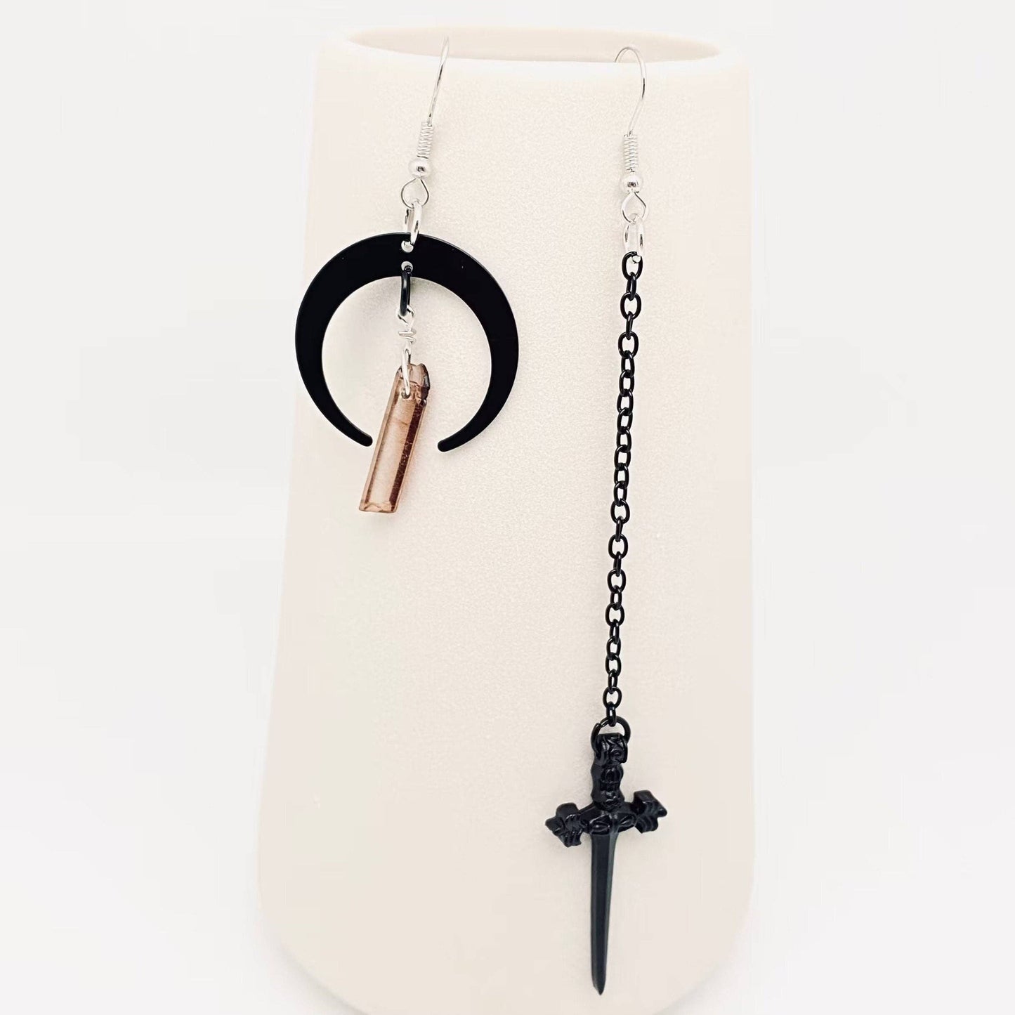 Earrings - Gothic Black Moon Dagger Crystal Asymmetric