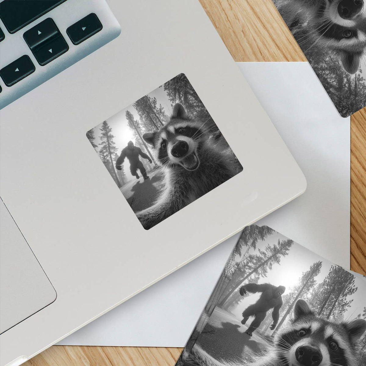 Raccoon Selfie Sasquatch Sticker | Funny Cryptid Vinyl Stick: 3" tall