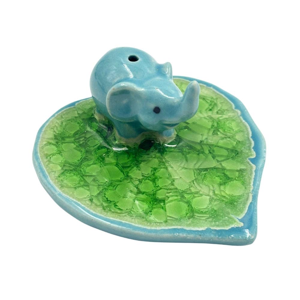Elephant on Leaf Ceramic Incense Holder - Assorted