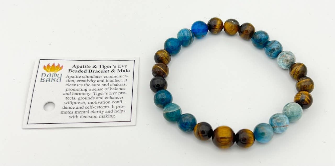 Beaded Bracelet - Apatite & Tiger's Eye Wrist Mala - 8mm