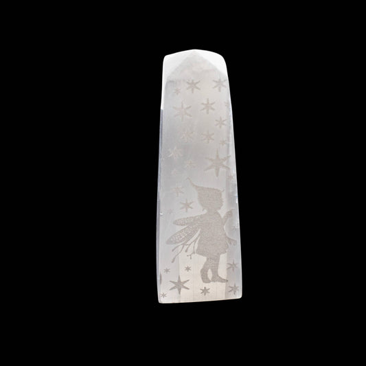 Selenite Obelisk 4 Sided Fairy Engraving 10cm