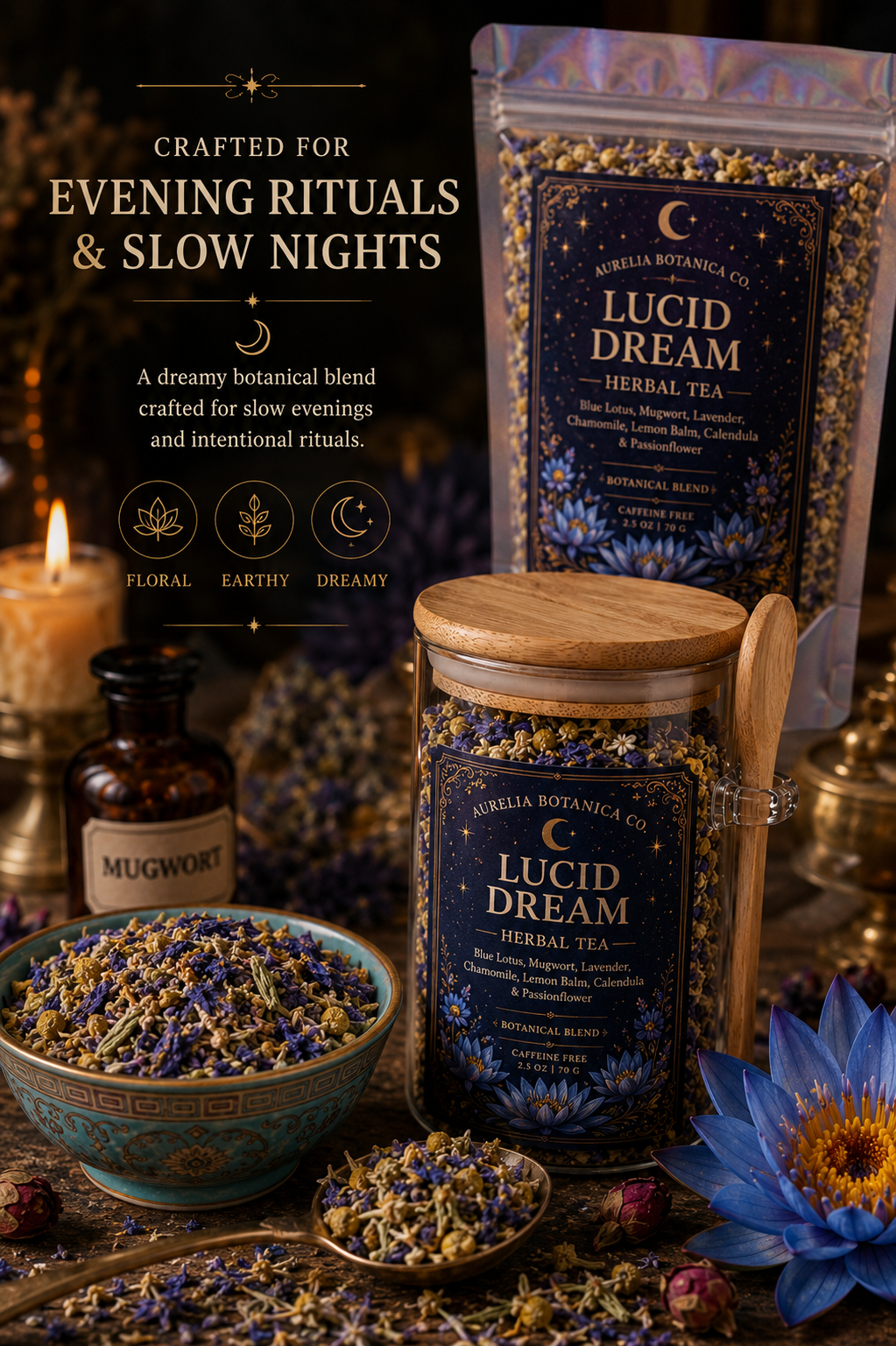 Lucid Dream Herbal Tea | Loose Leaf Ritual Tea | Mugwort | Blue Lotus |  Dreamwork & Mindful Sleep Blend | Ritual Card |: 1 oz Sample Pouch