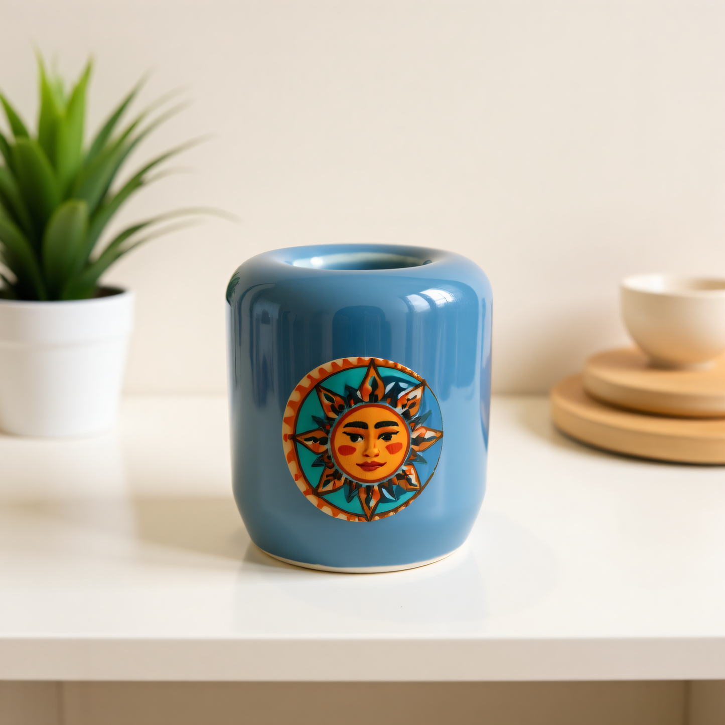 Ceramic Candle Holder Blue with Sun and Moon Pack of 5