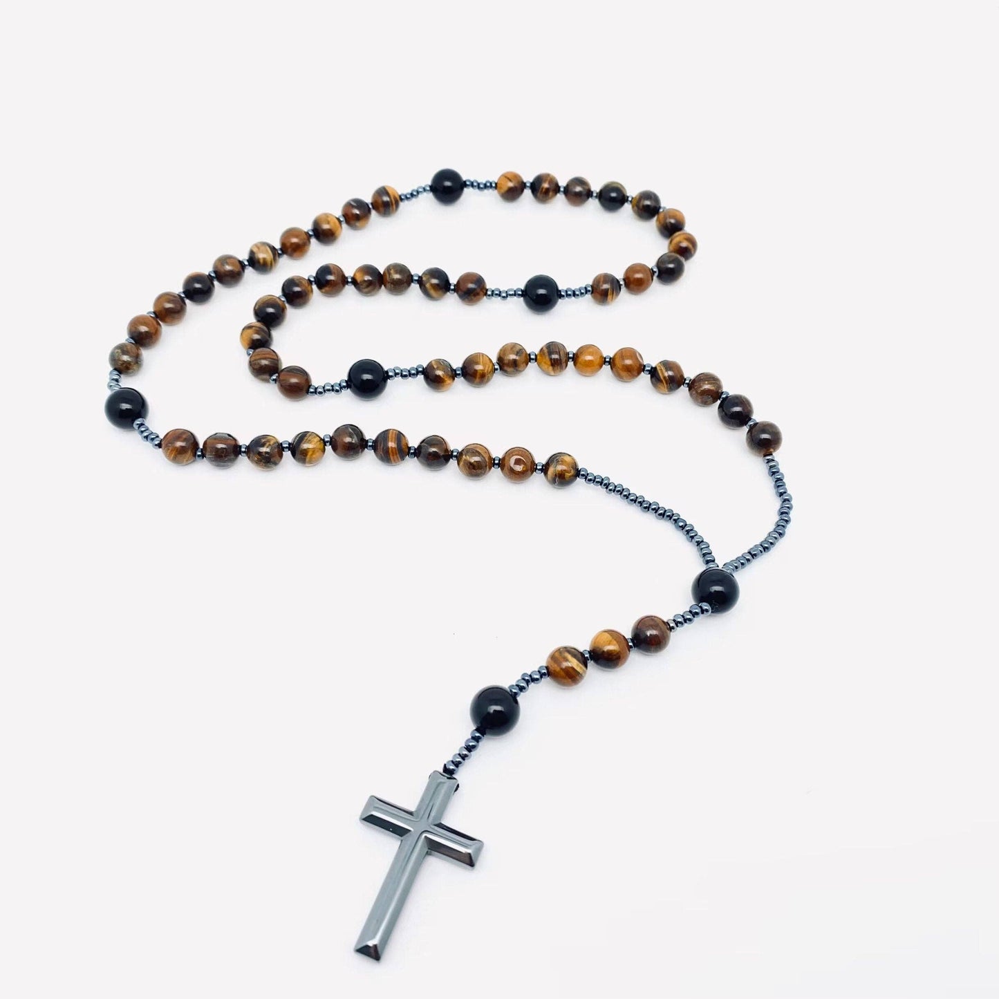 Tigers Eye & Black Agate Beaded Cross Pendant Necklace