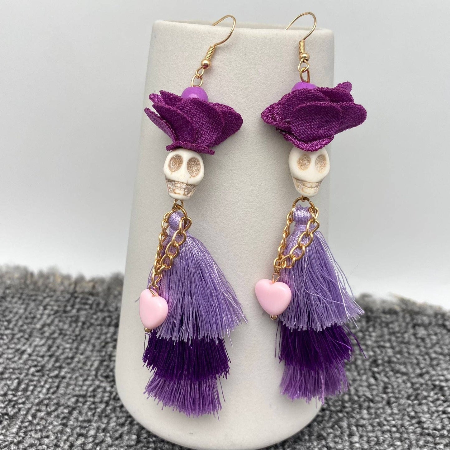 Halloween Purple Fringed Skeleton Lady Dangle Earrings