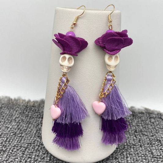 Halloween Purple Fringed Skeleton Lady Dangle Earrings