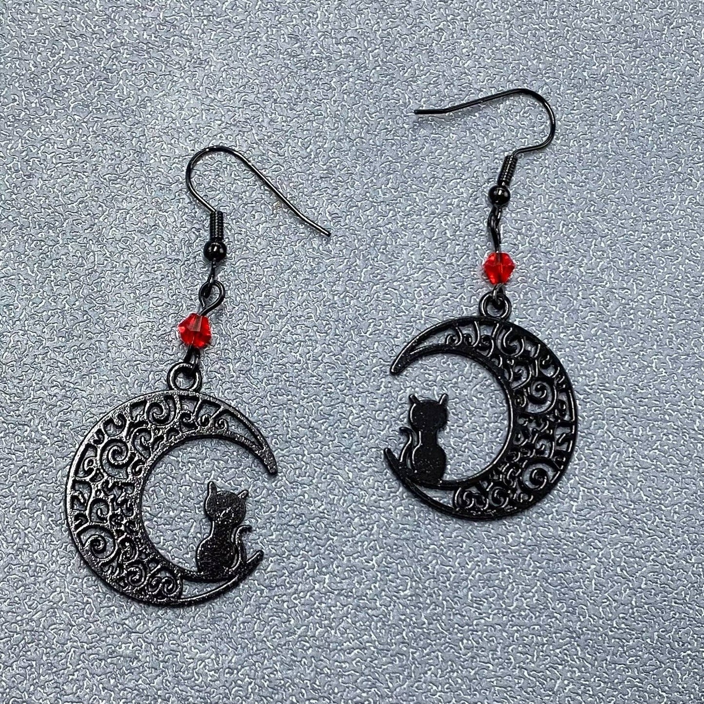Earrings - Goth Black Cat on the Moon Dangle