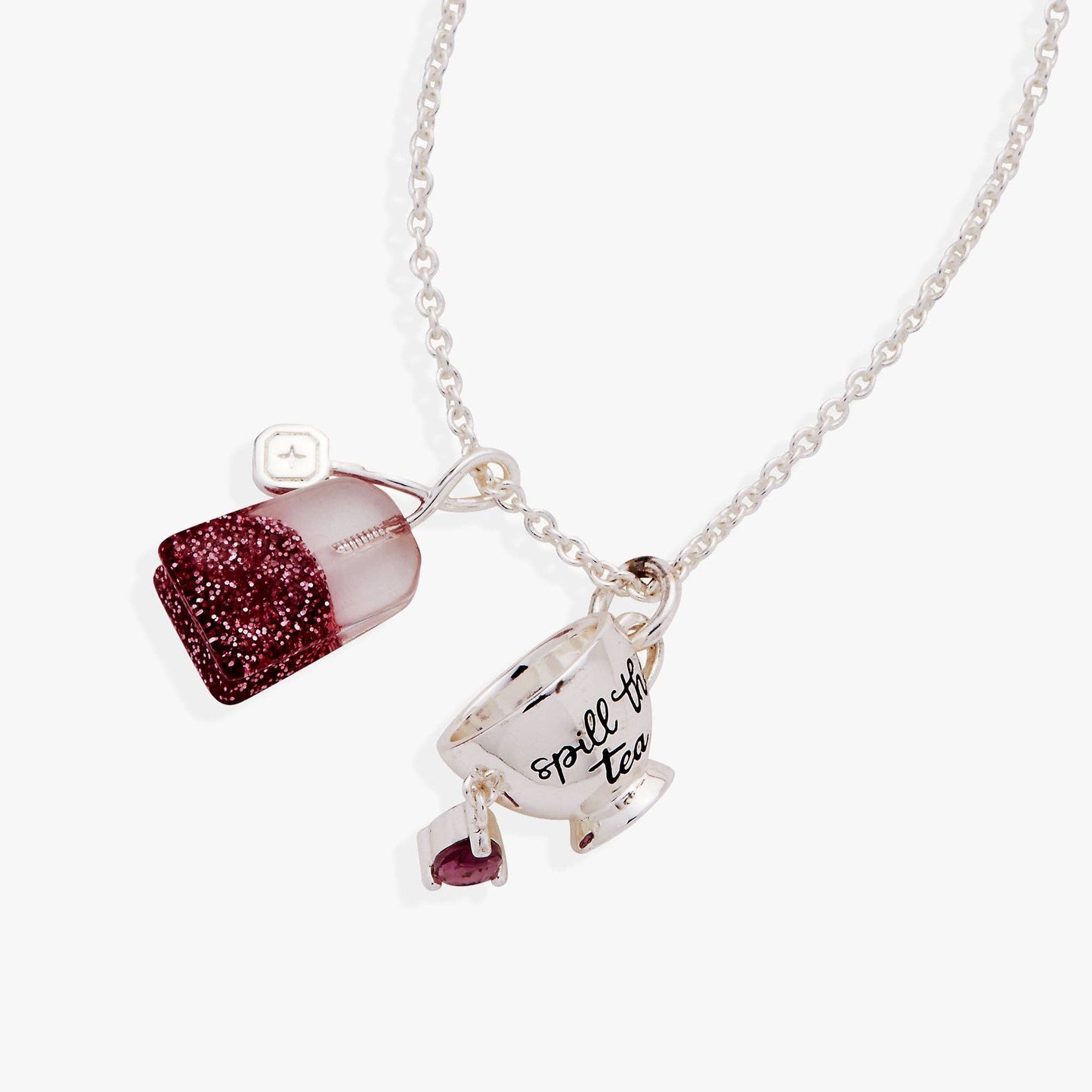 Necklace - 'Spill the Tea' Cup & Tea Bag Charm Pendant Necklace: Silver