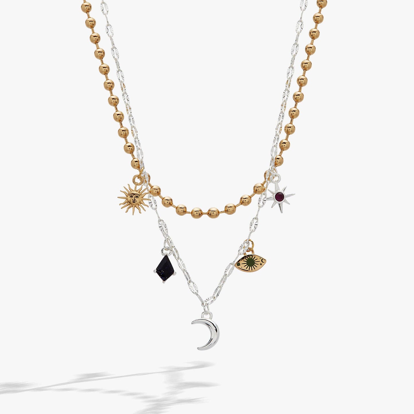 Moon Magic 2 Row Charm Necklace: Two Tone