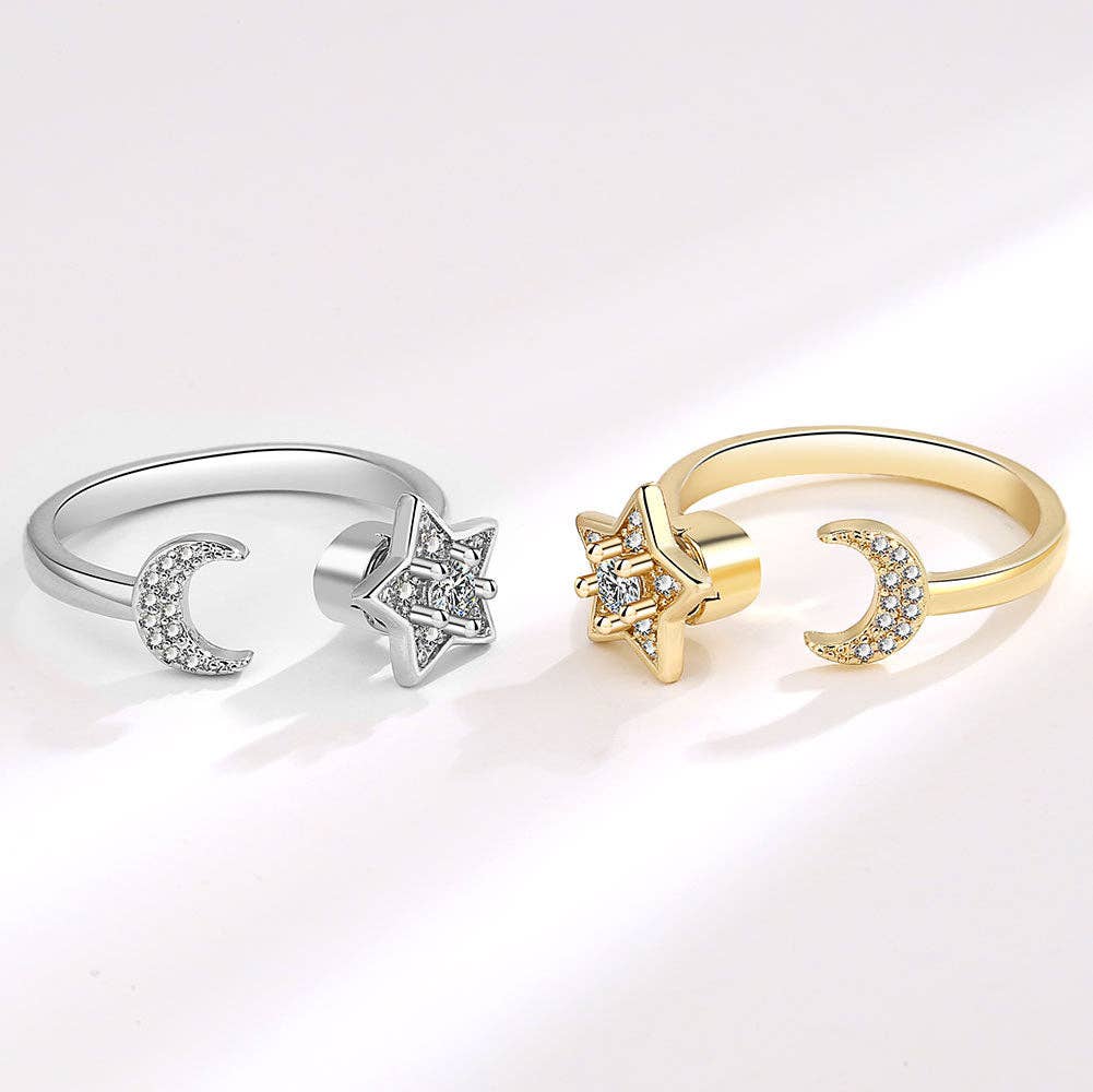 Gold Moon Star Anxiety Fidget Spinner Ring in Solid Copper: Gold