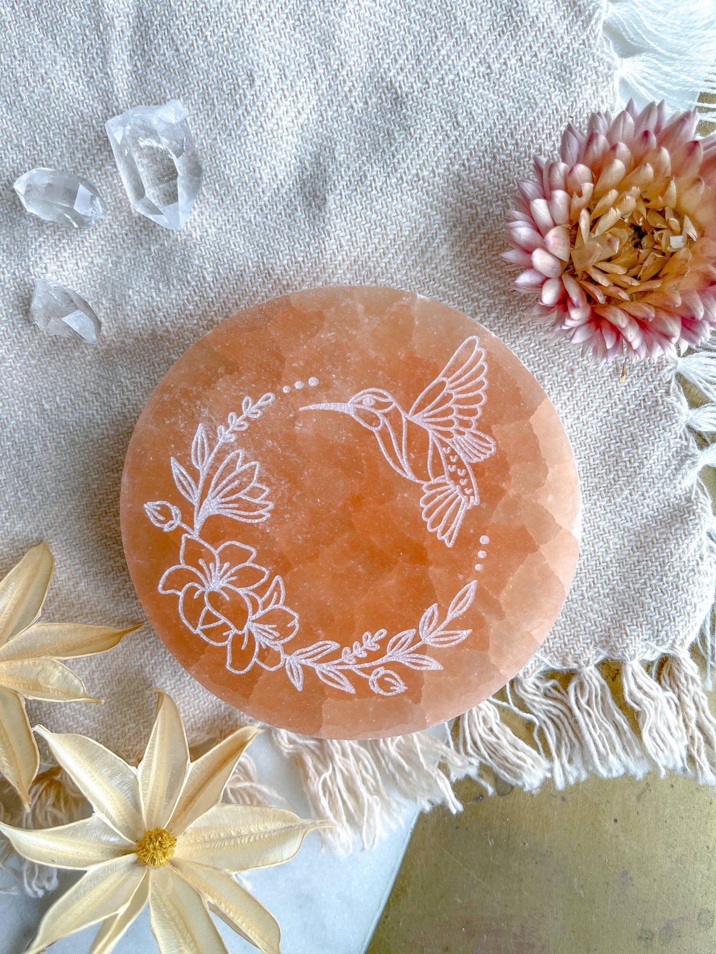 Peach Selenite Hummingbird Deco: 2.75-3” Circle