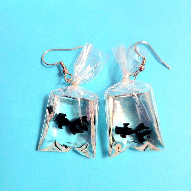 Black Goldfish in a Bag Earrings