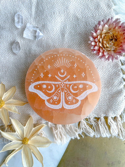 Peach Selenite Butterfly Home Deco: 2.75-3” Circle