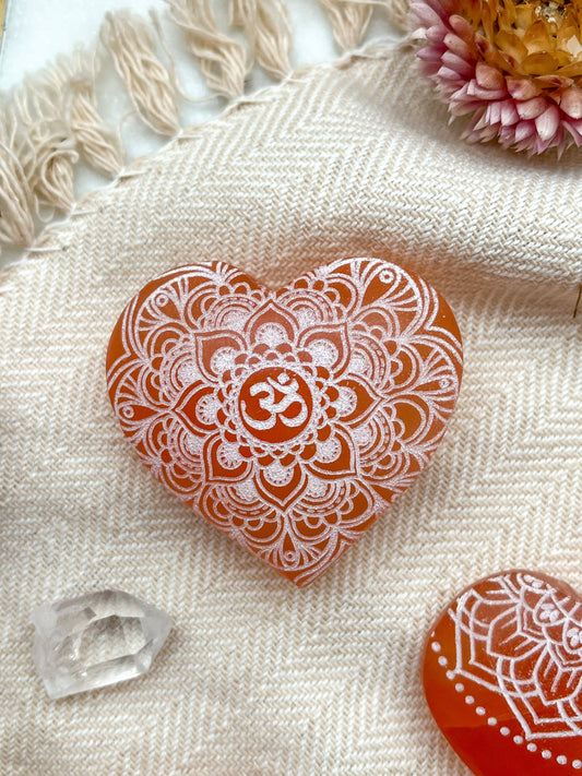 Peach Selenite - Engraved Heart Small (~2") / Om Mandala