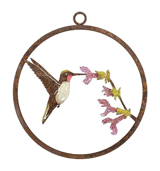 Painted Hummingbird on Salvia Mini Ring - Metal Garden Art